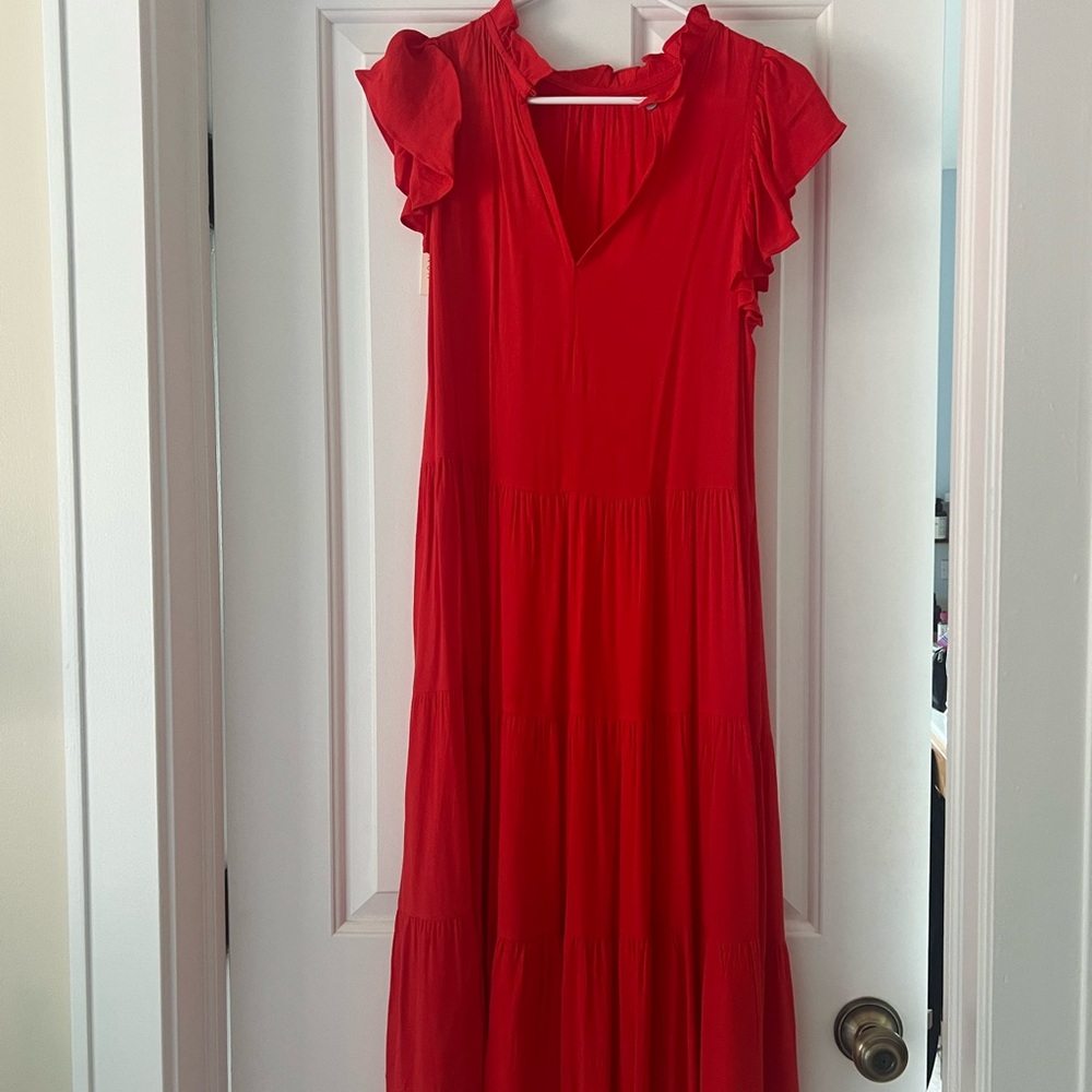 Pinch Red midi Dress with Flutter Sleeves